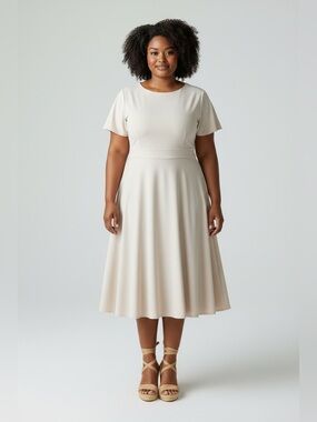 FENJAR Cream Diagonal Stitched Fit and Flare Midi Dress Short Sleeve XL NWOT